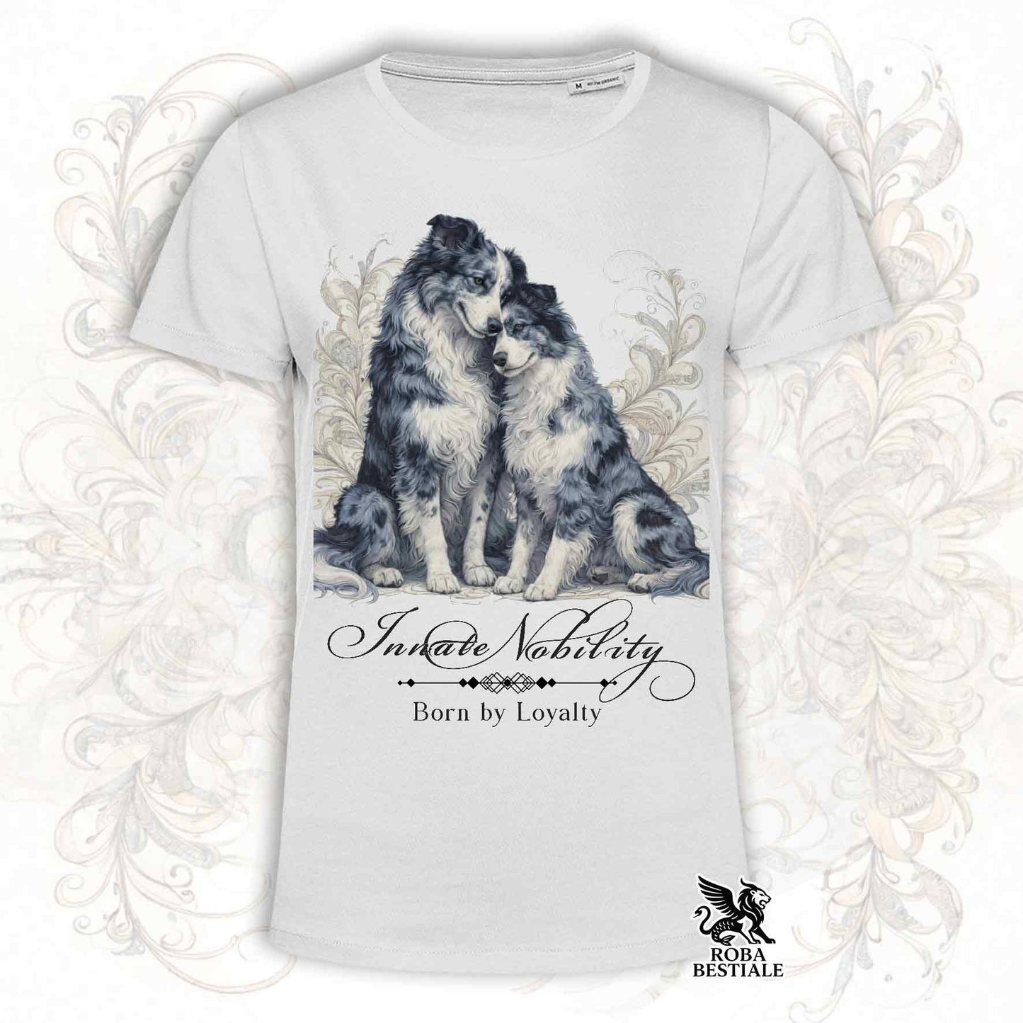 T-Shirt NOBILITY - BORDER COLLIE Blue Merle - Bianca o Beige, da Uomo o da Donna - dalla XS alla 5XL