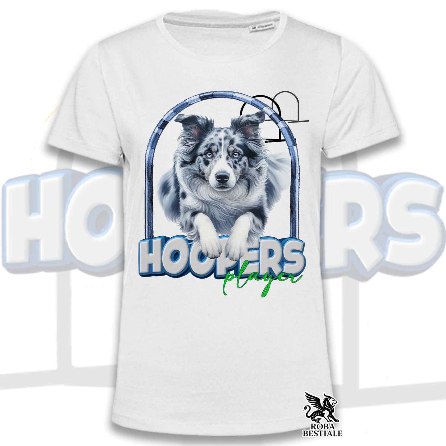 T-Shirt HOOPERS Player - BORDER COLLIE Blue Merle - Bianca o Beige, da Uomo o da Donna - dalla XS alla 5XL
