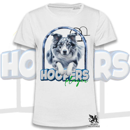 Maglietta bianca con grafica Border Collie blu nel cerchio e scritta HOOPERS