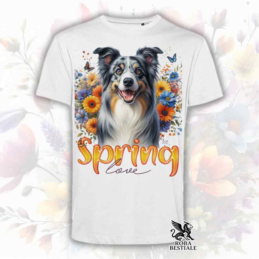 T-Shirt SPRING LOVE - BORDER COLLIE Blue Merle - Bianca o Beige, da Uomo o da Donna - dalla XS alla 5XL
