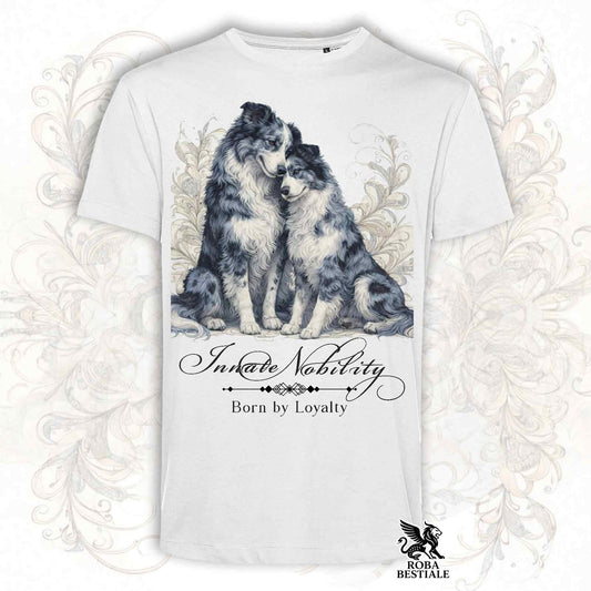 T-Shirt NOBILITY - BORDER COLLIE Blue Merle - Bianca o Beige, da Uomo o da Donna - dalla XS alla 5XL