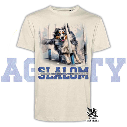 T-Shirt AGILITY SLALOM - BORDER COLLIE Blue Merle - Off White, colore dettagli a scelta - dalla XS alla 2XL