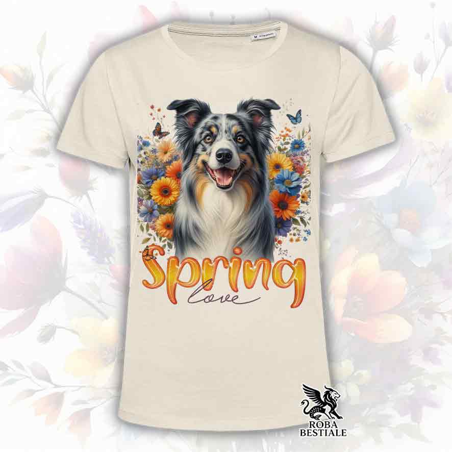 T-Shirt SPRING LOVE - BORDER COLLIE Blue Merle - Bianca o Beige, da Uomo o da Donna - dalla XS alla 5XL