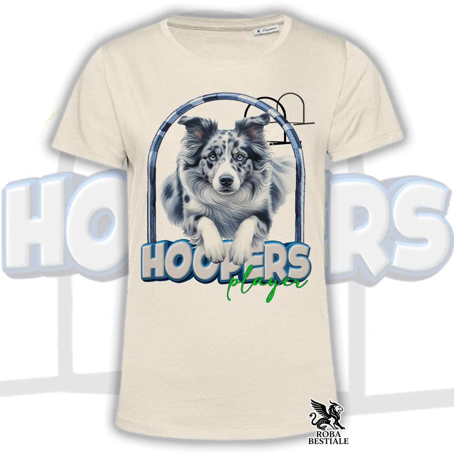 T-Shirt HOOPERS Player - BORDER COLLIE Blue Merle - Bianca o Beige, da Uomo o da Donna - dalla XS alla 5XL