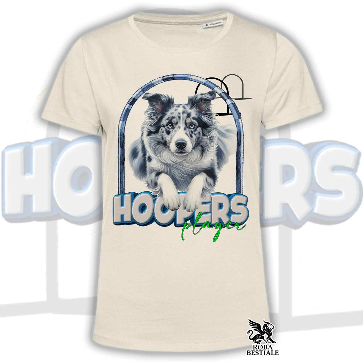 Maglietta beige con grafica Border Collie blu nel cerchio e scritta HOOPERS Player
