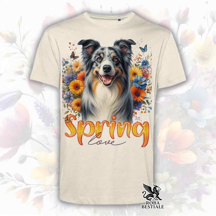 T-Shirt SPRING LOVE - BORDER COLLIE Blue Merle - Bianca o Beige, da Uomo o da Donna - dalla XS alla 5XL