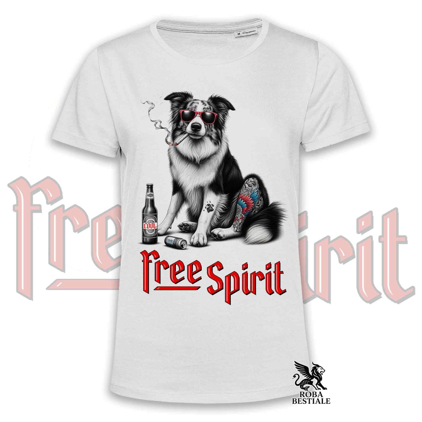 T-Shirt FREE SPIRIT - BORDER COLLIE Merle - Bianca o Beige, da Uomo o da Donna - dalla XS alla 5XL