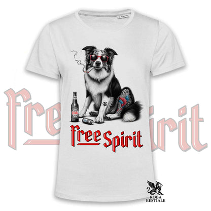 T-Shirt FREE SPIRIT - BORDER COLLIE Merle - Bianca o Beige, da Uomo o da Donna - dalla XS alla 5XL