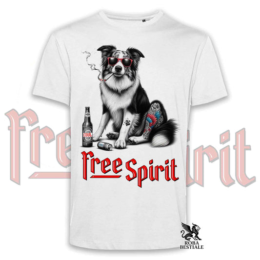 T-Shirt FREE SPIRIT - BORDER COLLIE Merle - Bianca o Beige, da Uomo o da Donna - dalla XS alla 5XL