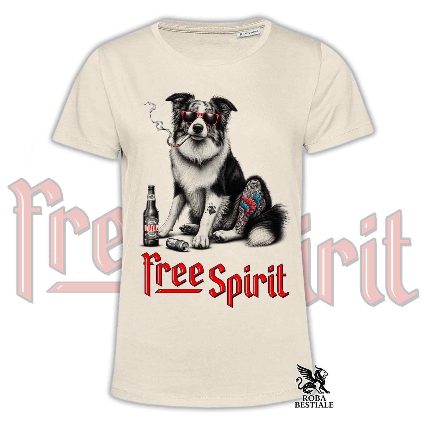 T-Shirt FREE SPIRIT - BORDER COLLIE Merle - Bianca o Beige, da Uomo o da Donna - dalla XS alla 5XL