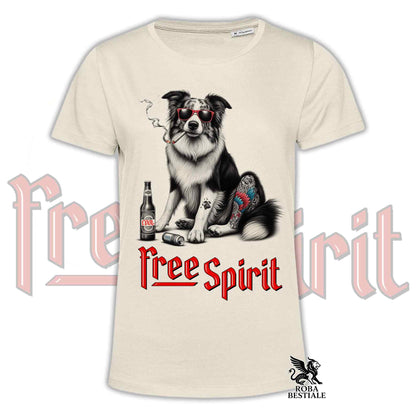 T-Shirt FREE SPIRIT - BORDER COLLIE Merle - Bianca o Beige, da Uomo o da Donna - dalla XS alla 5XL