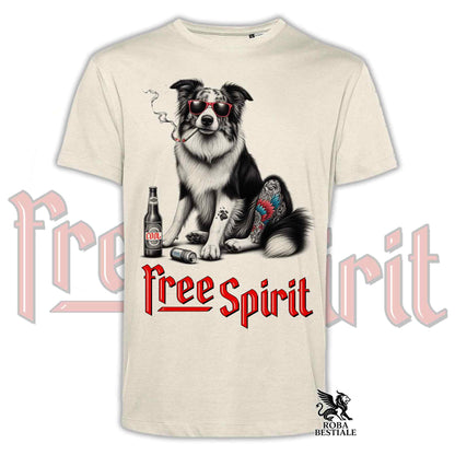 T-Shirt FREE SPIRIT - BORDER COLLIE Merle - Bianca o Beige, da Uomo o da Donna - dalla XS alla 5XL