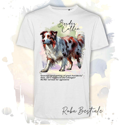 T-Shirt BEHAVIOR - BORDER COLLIE Red Merle - Standard FCI - 100% Cotone, Bianca, Uomo o Donna - dalla XS alla 5XL