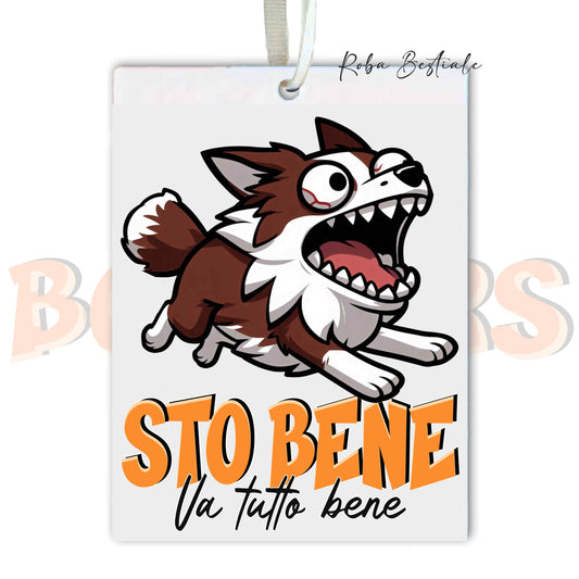 Deodorante Auto BONKERS - STO BENE - BORDER COLLIE Rosso e Bianco - In Feltro, con cordino - 7,5 x 10 cm