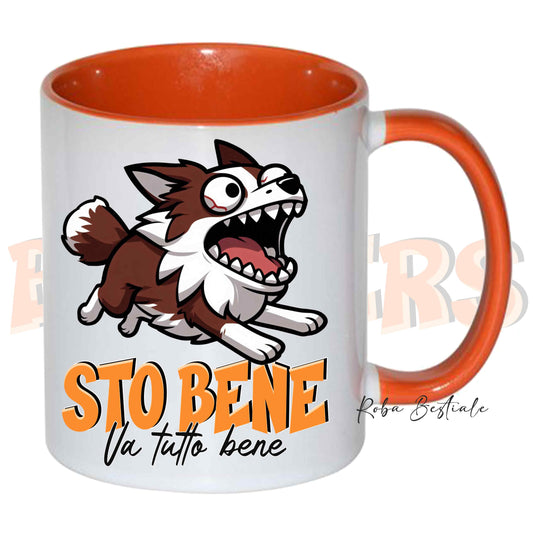 Tazza BONKERS - STO BENE - BORDER COLLIE Rosso e Bianco - In Ceramica, con manico e interno colorato - 330 ml