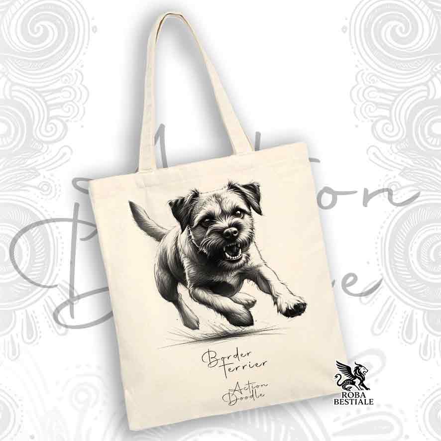 Tote Bag ACTION DOODLE - BORDER TERRIER - 100% Cotone - Bianca o Beige
