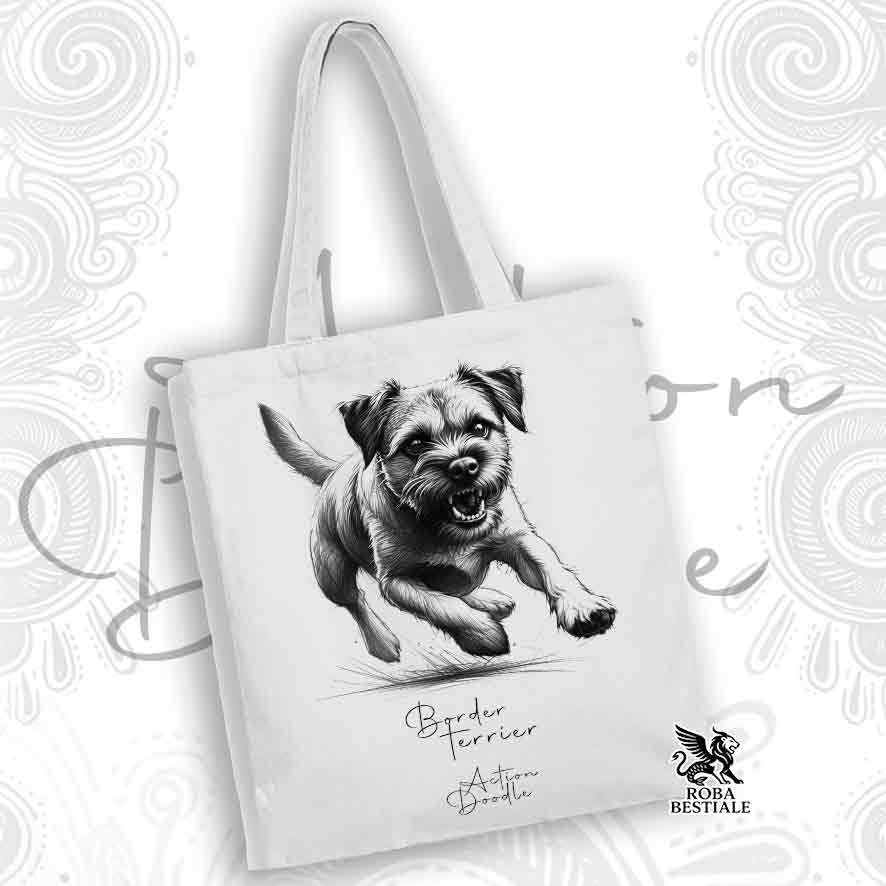 Tote Bag ACTION DOODLE - BORDER TERRIER - 100% Cotone - Bianca o Beige