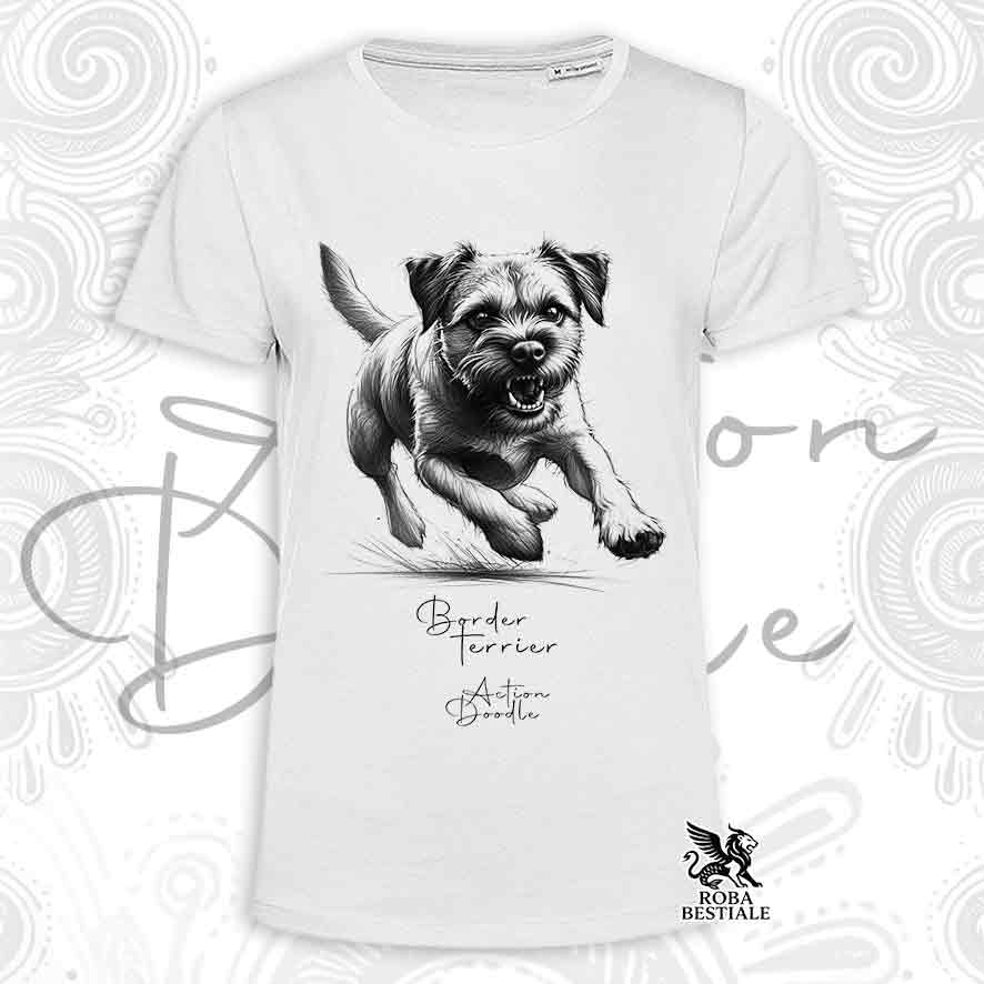 T-Shirt ACTION DOODLE - BORDER TERRIER - Bianca o Beige, da Uomo o da Donna - dalla XS alla 5XL