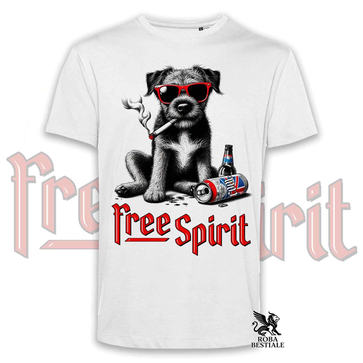 T-Shirt FREE SPIRIT - BORDER TERRIER - Bianca o Beige, da Uomo o da Donna - dalla XS alla 5XL