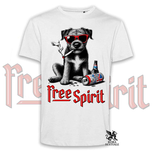 T-Shirt FREE SPIRIT - BORDER TERRIER - Bianca o Beige, da Uomo o da Donna - dalla XS alla 5XL
