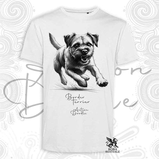 T-Shirt ACTION DOODLE - BORDER TERRIER - Bianca o Beige, da Uomo o da Donna - dalla XS alla 5XL