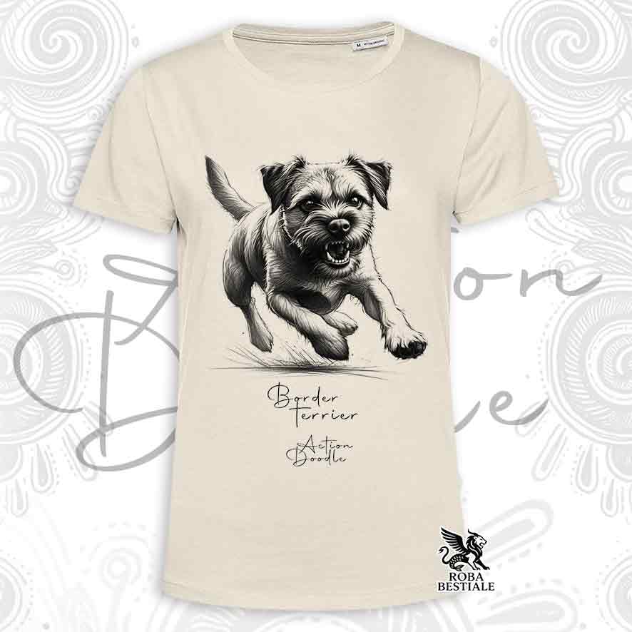 T-Shirt ACTION DOODLE - BORDER TERRIER - Bianca o Beige, da Uomo o da Donna - dalla XS alla 5XL