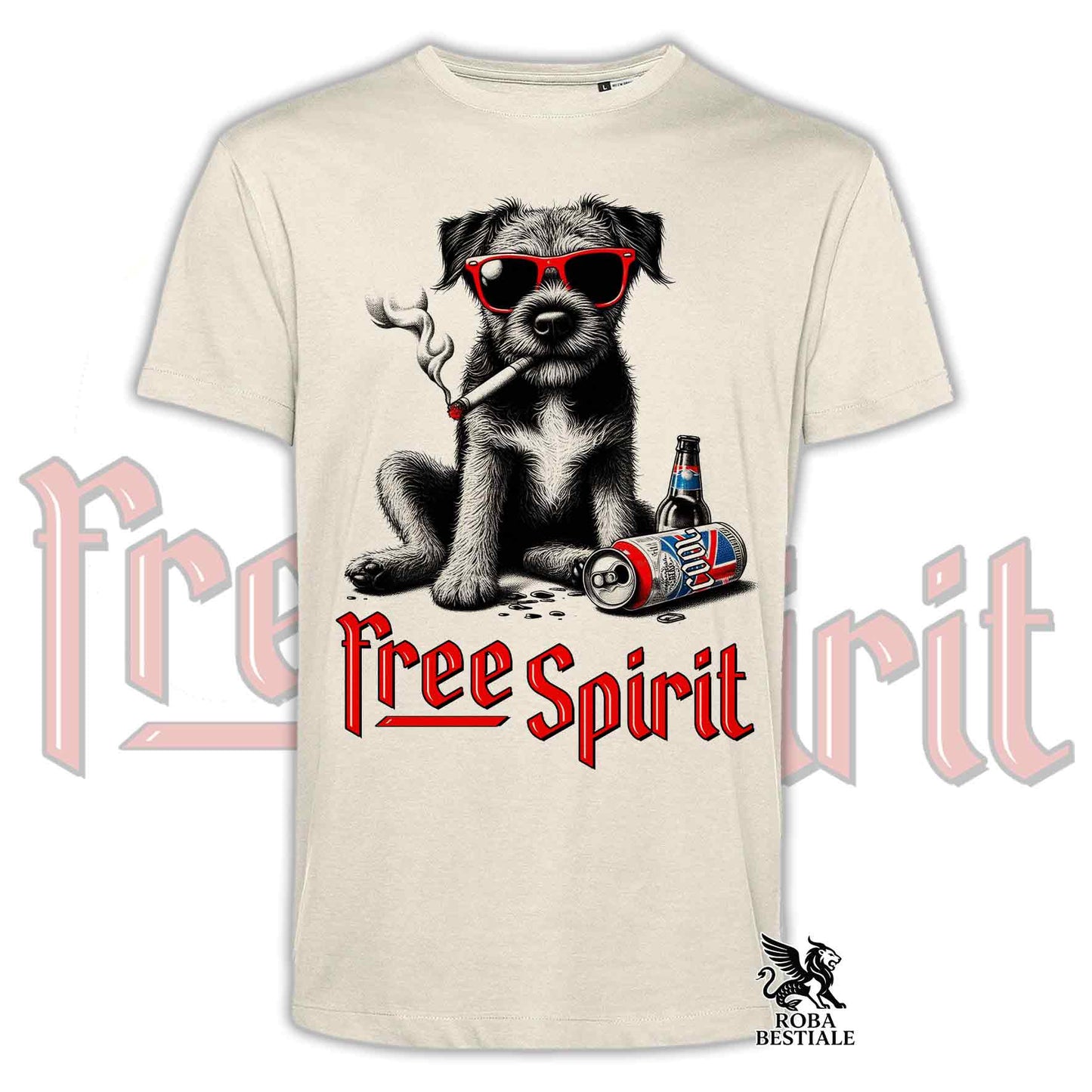 T-Shirt FREE SPIRIT - BORDER TERRIER - Bianca o Beige, da Uomo o da Donna - dalla XS alla 5XL