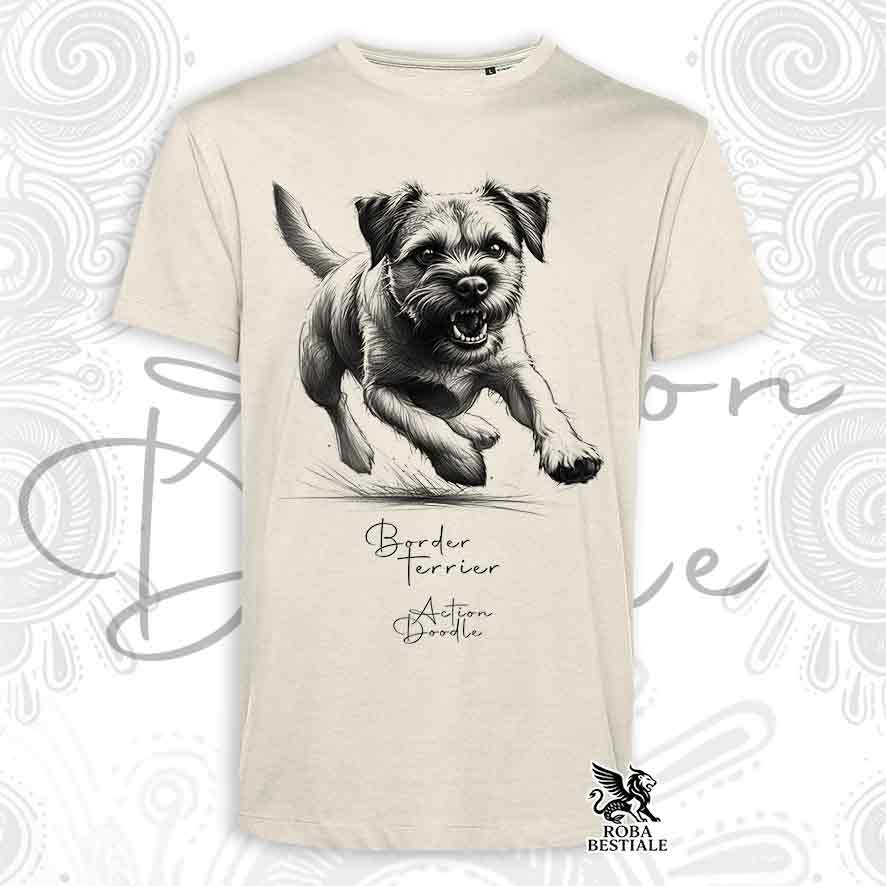 T-Shirt ACTION DOODLE - BORDER TERRIER - Bianca o Beige, da Uomo o da Donna - dalla XS alla 5XL