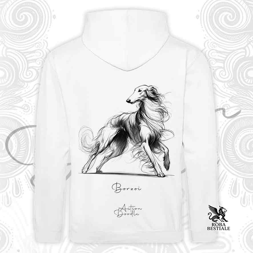 Felpa ACTION DOODLE - BORZOI - Con Cappuccio e Tasconi, diversi colori, Unisex - dalla XS alla 3XL