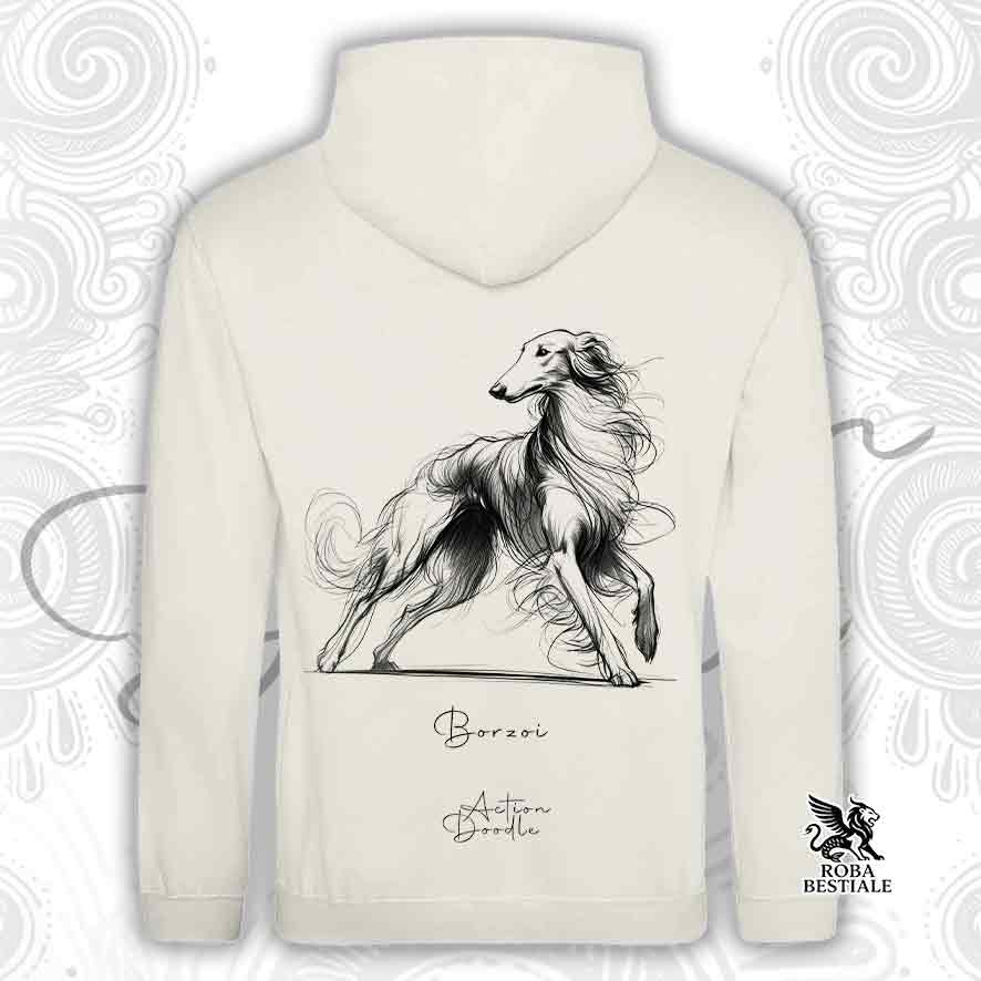Felpa ACTION DOODLE - BORZOI - Con Cappuccio e Tasconi, diversi colori, Unisex - dalla XS alla 3XL