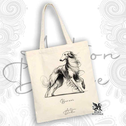 Tote Bag ACTION DOODLE - BORZOI - 100% Cotone - Bianca o Beige