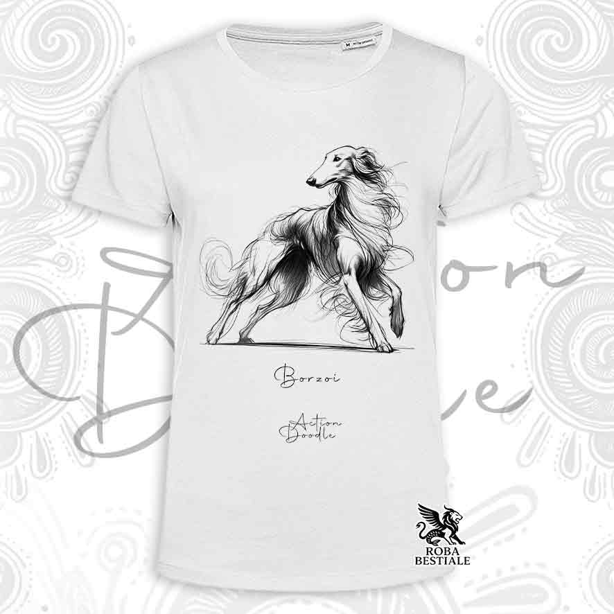 T-Shirt ACTION DOODLE - BORZOI - Bianca o Beige, da Uomo o da Donna - dalla XS alla 5XL