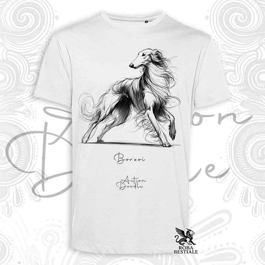 T-Shirt ACTION DOODLE - BORZOI - Bianca o Beige, da Uomo o da Donna - dalla XS alla 5XL