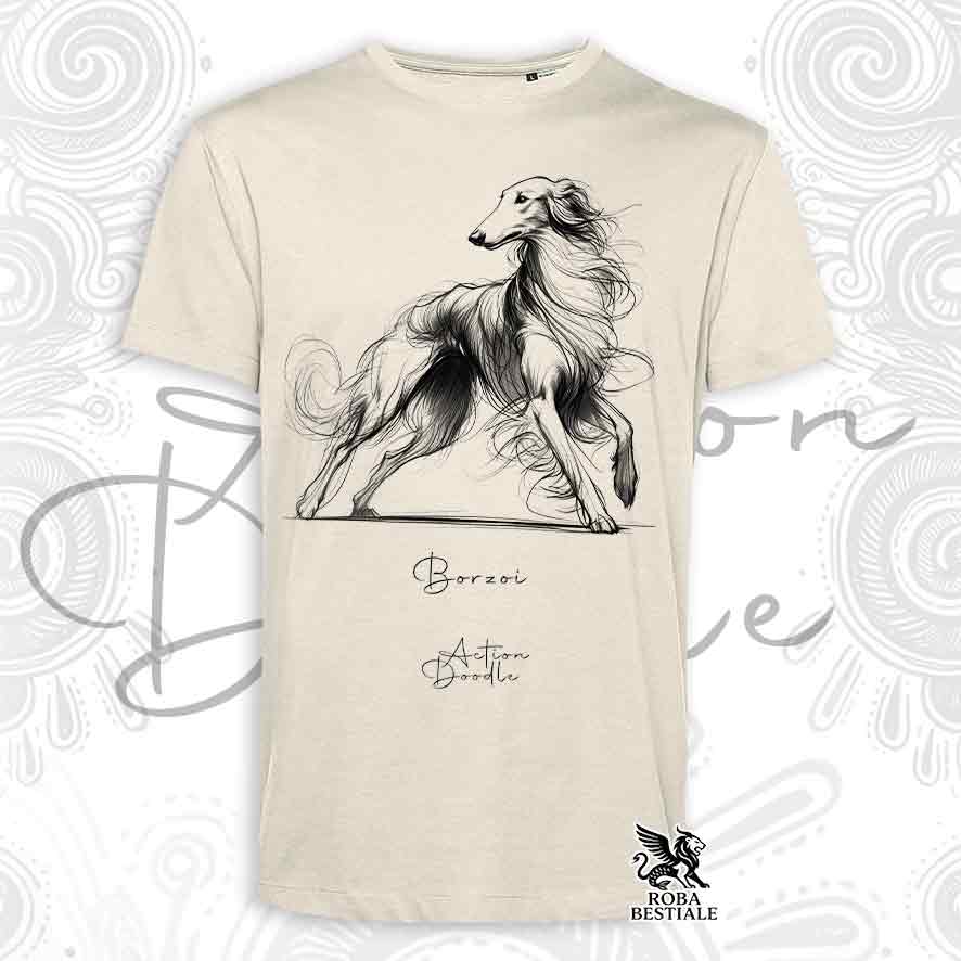 T-Shirt ACTION DOODLE - BORZOI - Bianca o Beige, da Uomo o da Donna - dalla XS alla 5XL