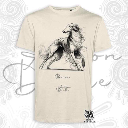 T-Shirt ACTION DOODLE - BORZOI - Blanche ou Beige, Homme ou Femme - du XS au 5XL
