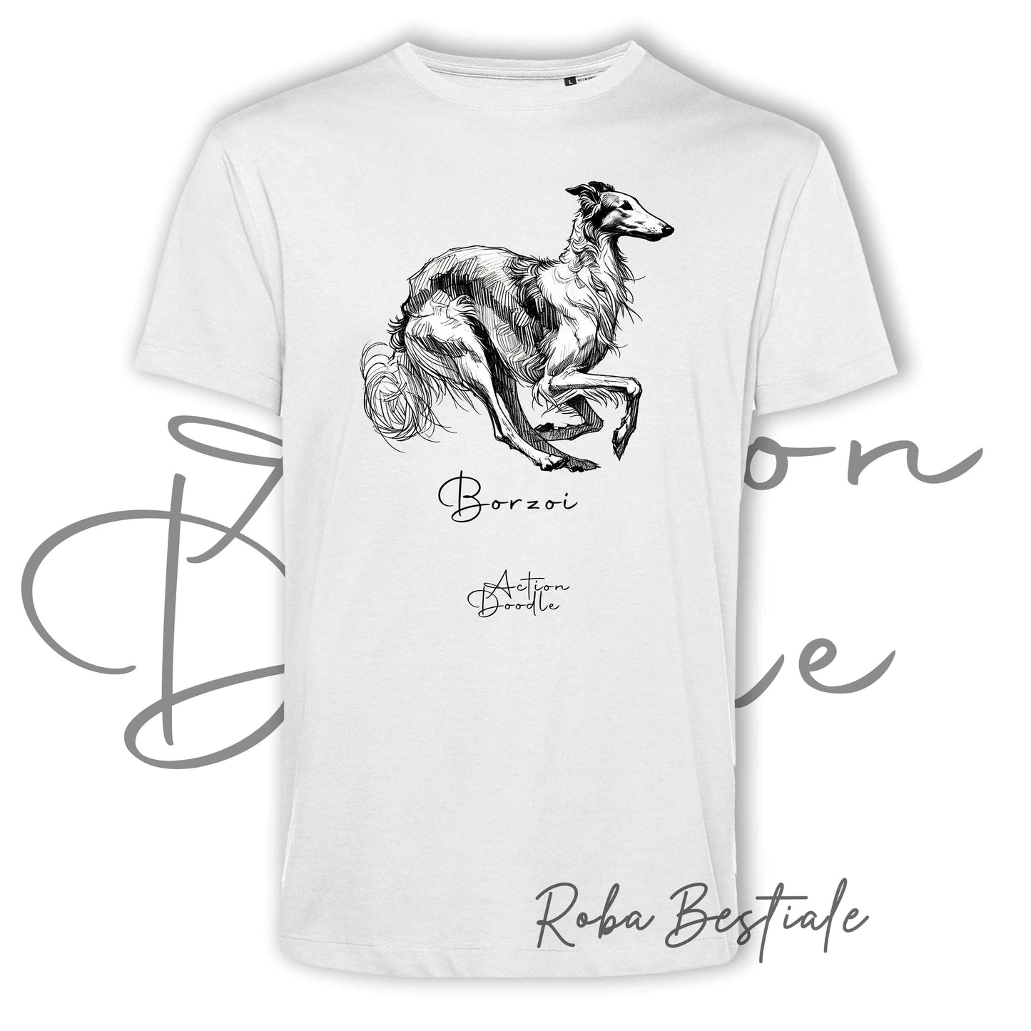 T-Shirt ACTION DOODLE - BORZOI 1 - 100% Cotone, Bianca, Uomo o Donna - dalla XS alla 5XL