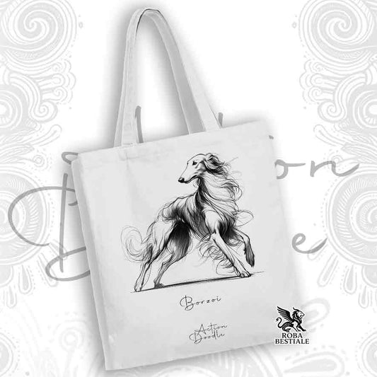 Tote Bag ACTION DOODLE - BORZOI - 100% Cotone - Bianca o Beige