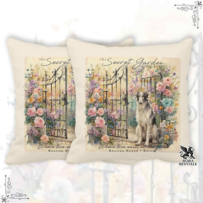Cuscino SECRET GARDEN - LEVRIERO RUSSO - BORZOI Bianco e Grigio - 100% Tela di Cotone - 40x40 cm