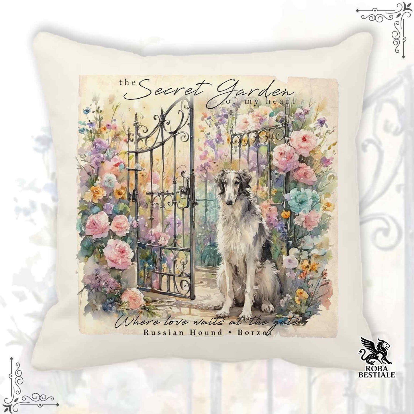 Cuscino SECRET GARDEN - LEVRIERO RUSSO - BORZOI Bianco e Grigio - 100% Tela di Cotone - 40x40 cm