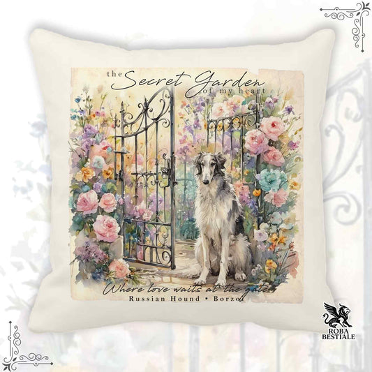Cuscino SECRET GARDEN - LEVRIERO RUSSO - BORZOI Bianco e Grigio - 100% Tela di Cotone - 40x40 cm
