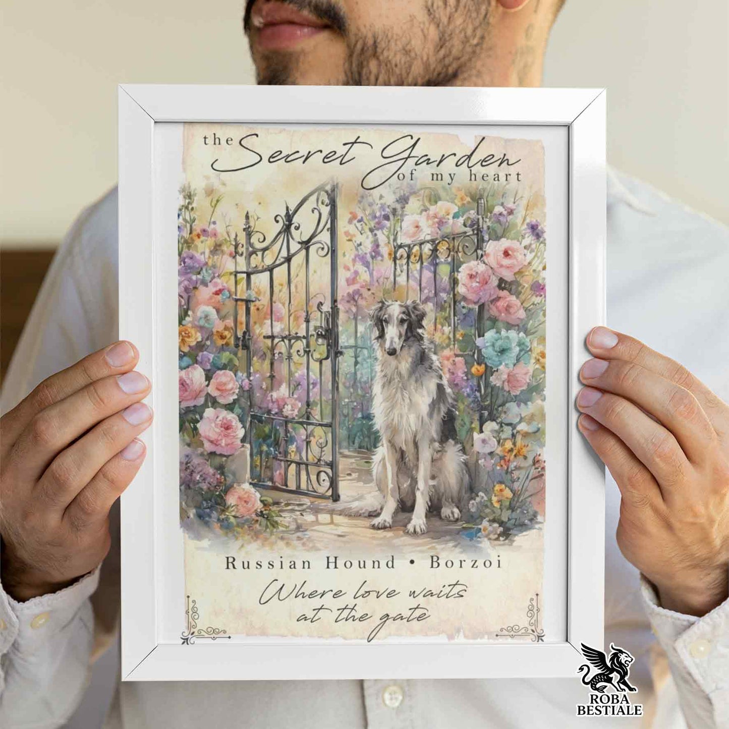 Quadretto SECRET GARDEN - LEVRIERO RUSSO - BORZOI Bianco e Grigio - Con cornice in legno, formato A4