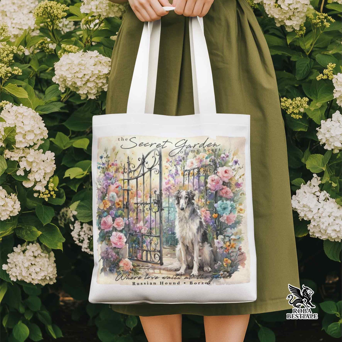 Tote Bag SECRET GARDEN - LEVRIERO RUSSO - BORZOI Bianco e Grigio - 100% Cotone - Bianca o Beige