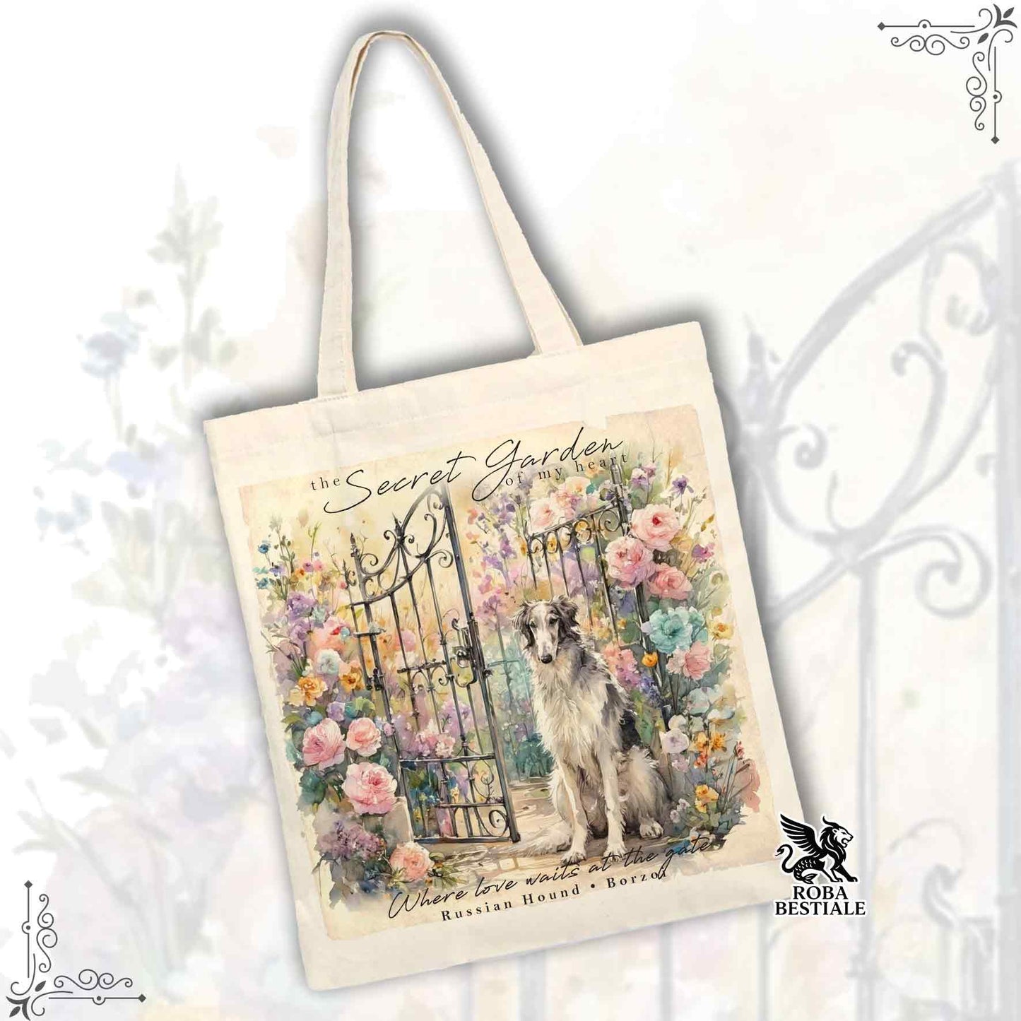 Tote Bag SECRET GARDEN - LEVRIERO RUSSO - BORZOI Bianco e Grigio - 100% Cotone - Bianca o Beige
