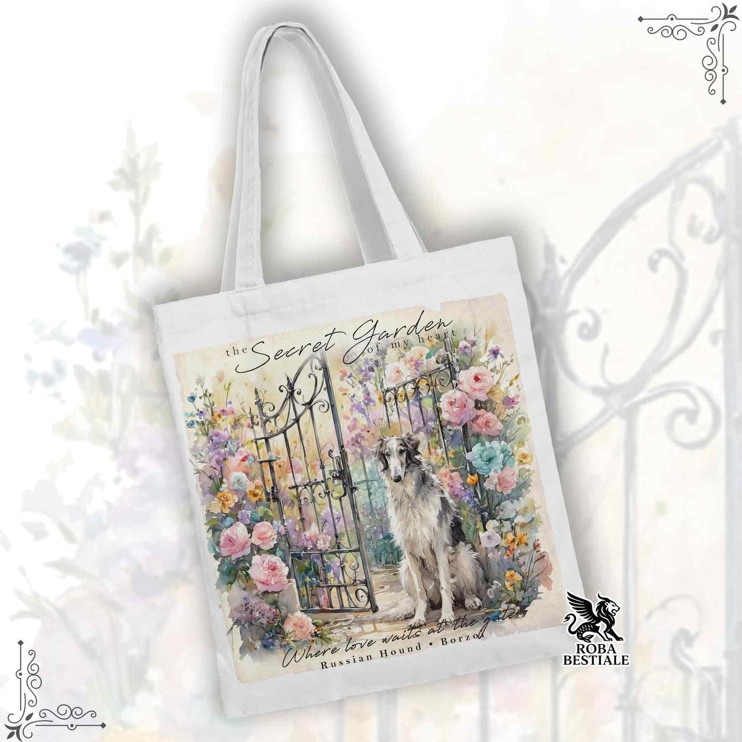 Tote Bag SECRET GARDEN - LEVRIERO RUSSO - BORZOI Bianco e Grigio - 100% Cotone - Bianca o Beige