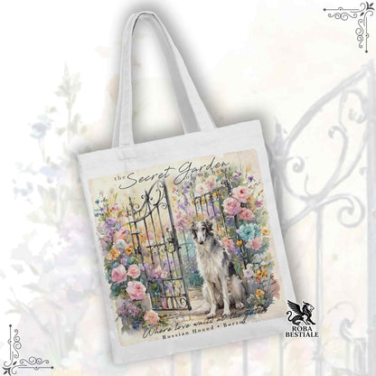 Tote Bag SECRET GARDEN - LEVRIERO RUSSO - BORZOI Bianco e Grigio - 100% Cotone - Bianca o Beige