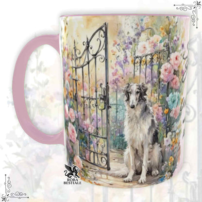 Tazza SECRET GARDEN - LEVRIERO RUSSO - BORZOI Bianco e Grigio - Dettagli ROSA - 330 ml - in Ceramica