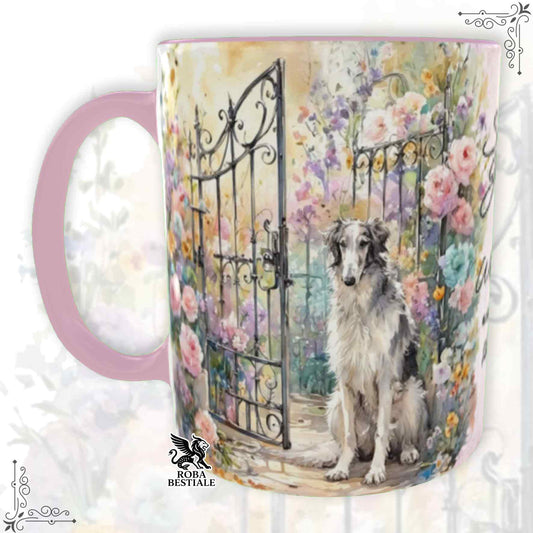 Tazza SECRET GARDEN - LEVRIERO RUSSO - BORZOI Bianco e Grigio - Dettagli ROSA - 330 ml - in Ceramica