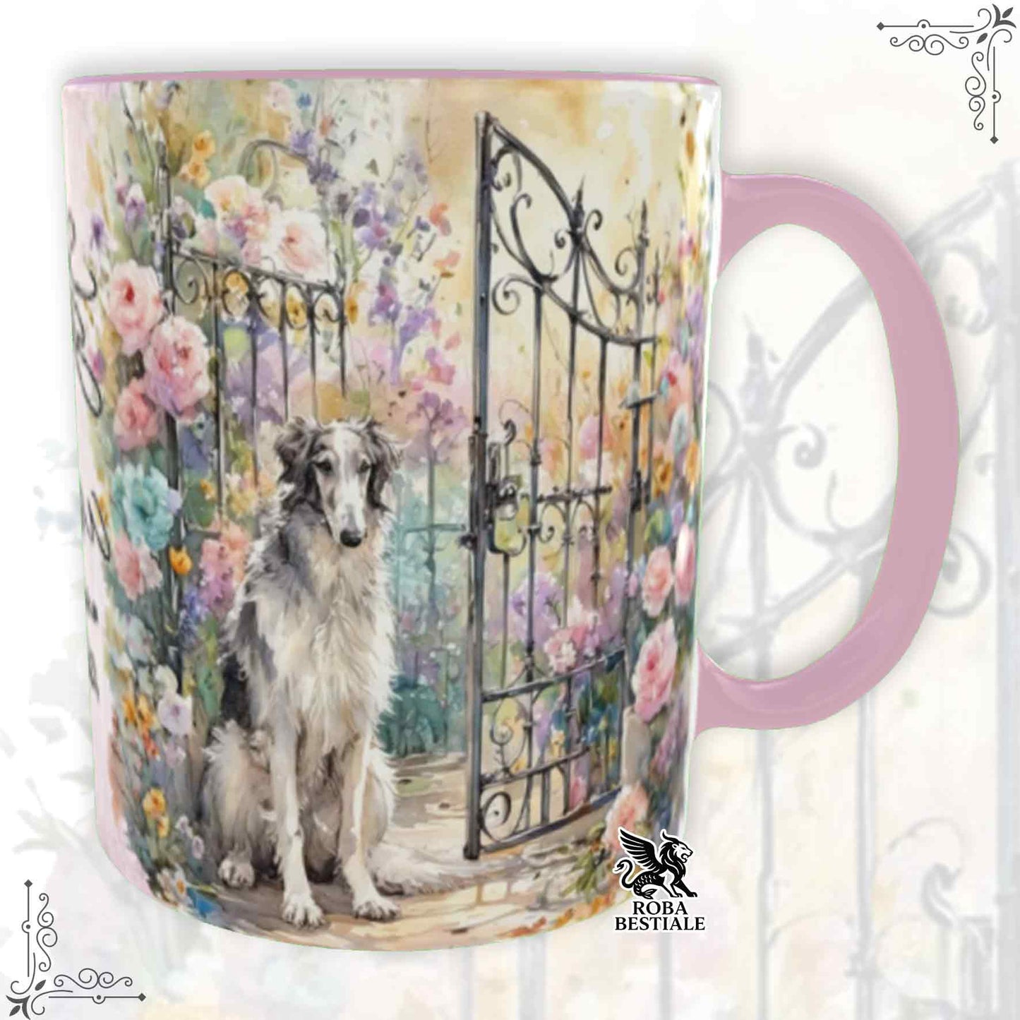 Tazza SECRET GARDEN - LEVRIERO RUSSO - BORZOI Bianco e Grigio - Dettagli ROSA - 330 ml - in Ceramica