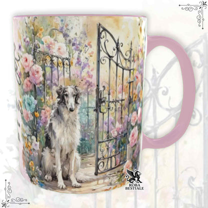 Tazza SECRET GARDEN - LEVRIERO RUSSO - BORZOI Bianco e Grigio - Dettagli ROSA - 330 ml - in Ceramica