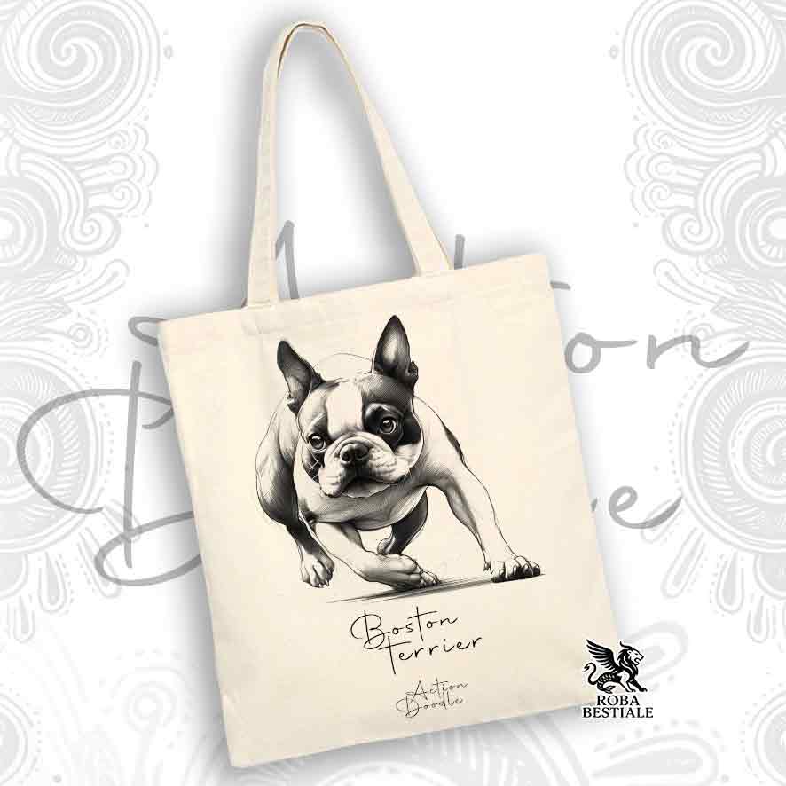 Tote Bag ACTION DOODLE - BOSTON TERRIER - 100% Cotone - Bianca o Beige